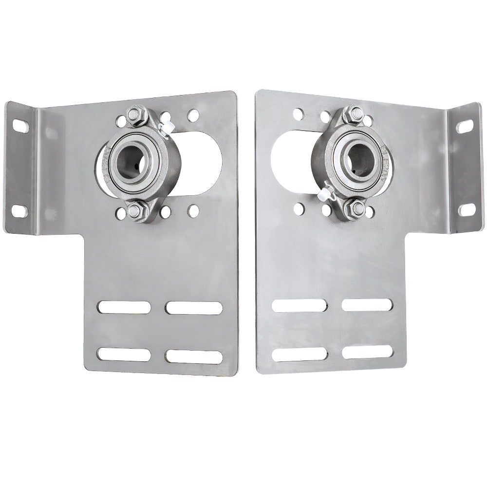 Two stainless end plate mounting brackets with integrated bearings and mounting holes