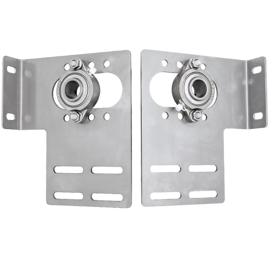 Two stainless end plate mounting brackets with integrated bearings and mounting holes